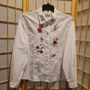 Napa Valley Womens Floral White Embroidered Pearl Button Shirt Sz XL
